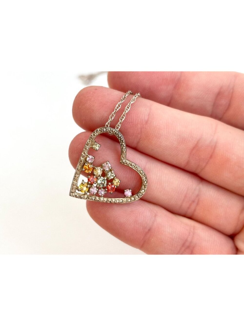 Rainbow Gemstone Heart Shaped Sterling Silver 925 Vintage Pendant Necklace - 18" - Picture 10 of 16